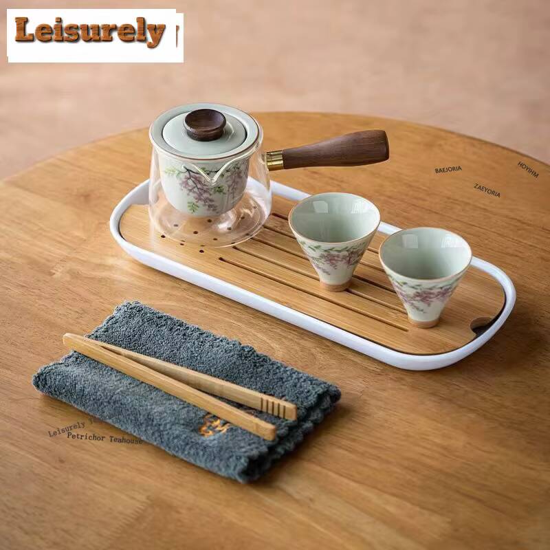 HOYIHM Hand Drawn Wisteria Side Handle Tea Set Complete Set Vintage Tea Ceremony Set Teapot and Tea Cup Set Chinese Tea Set Gift