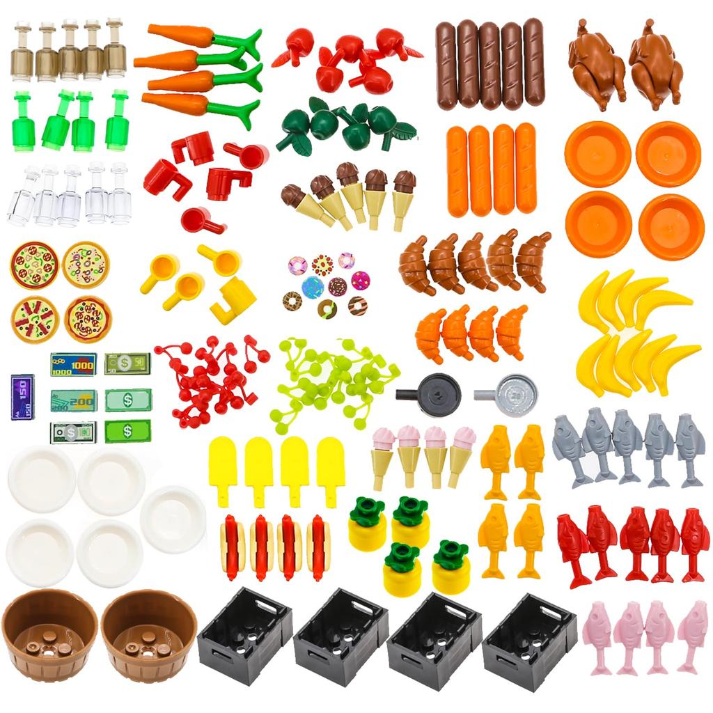 BrickBounty City Jídlo Stavebnice Pikniková Kuchyně a Jídelna DIY Zmrzlina a Ryba 188dílná Sada, Hračka, Dílky, Šálek, Dort, Krůta, Banán,
