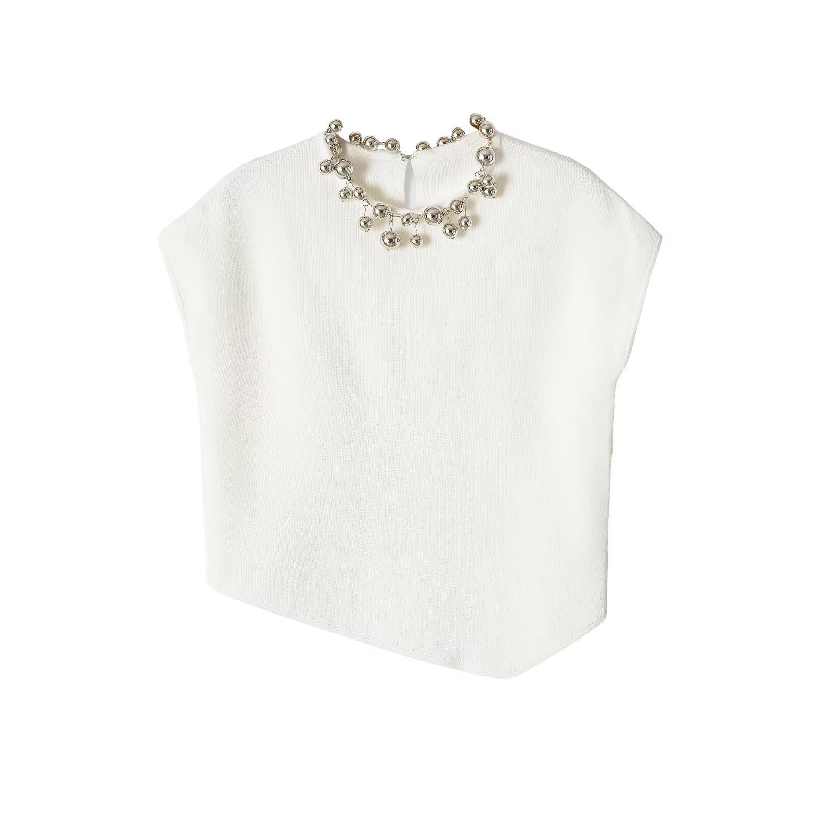 European and American style new women s short-sleeve, round-neck asymmetrical ball-trimmed knit top 3921033 S белый