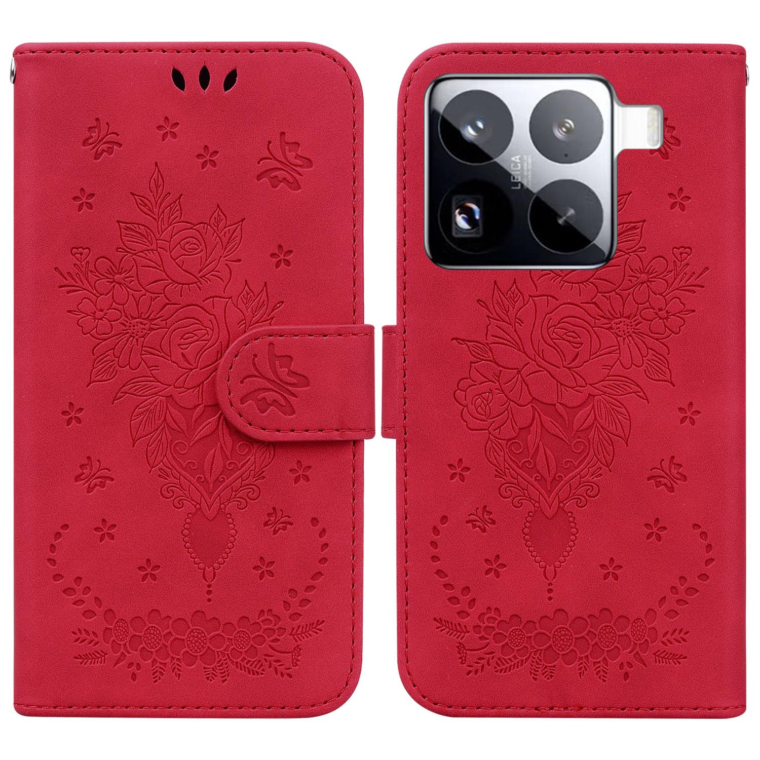 

For Xiaomi 15 Pro Case PU Leather Wallet Phone Cover Butterfly Flower Imprint Red
