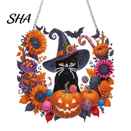 Erwachsene Falsche Diamant Kunstprojekte Schwarze Katze Mond Strass Malset, Halloween Facettierte Kristall Hängende Dekoration, Gruselige Bastel DIY Fensterdekoration S B