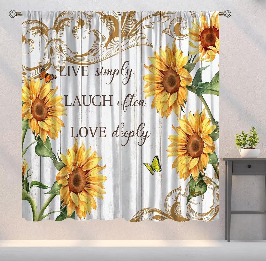 Farmhouse Sunflower Curtains Country Vintage Floral Wooden Board Art Printed Window Drapes Bedroom Kitchen Decor Room Darkening Polyester Master