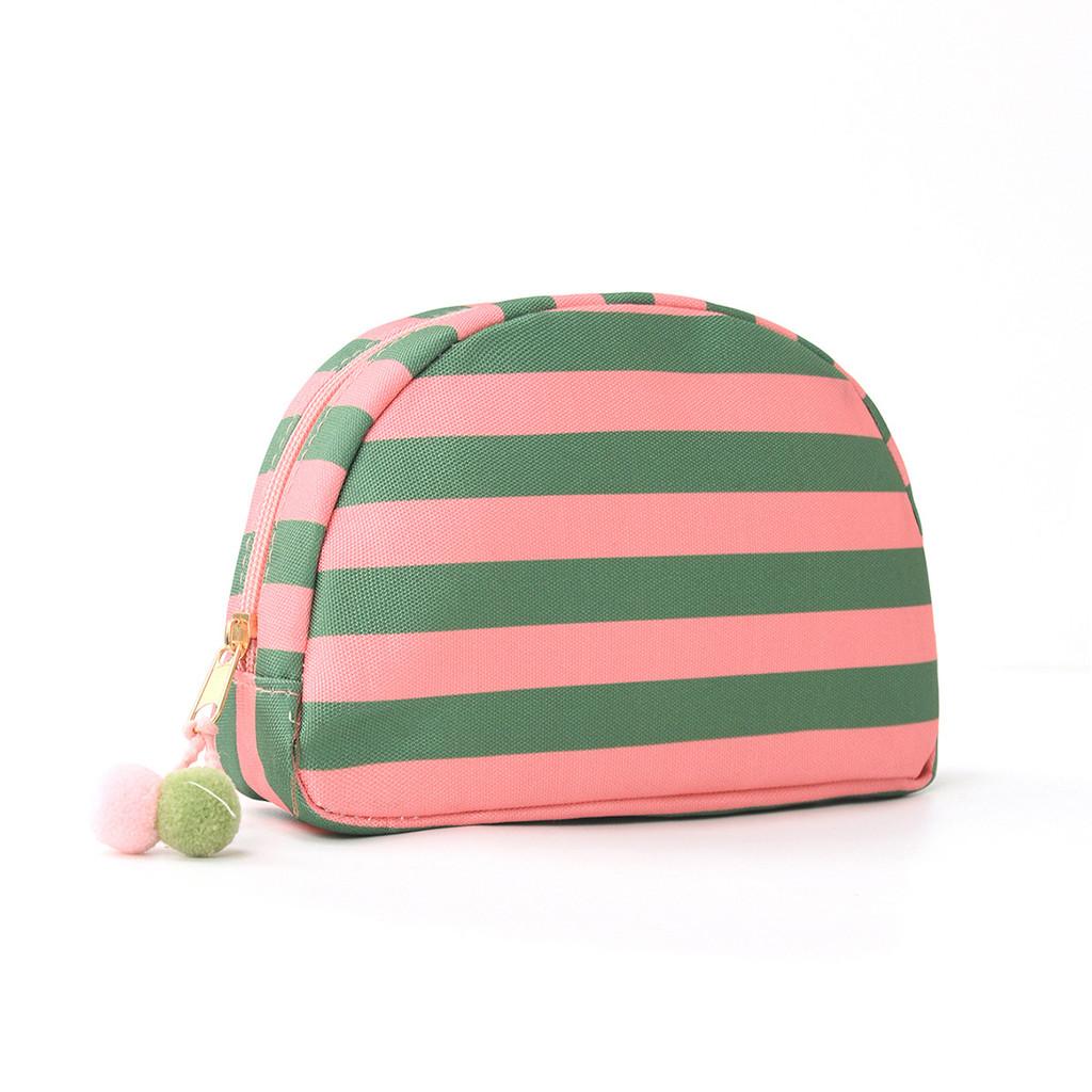Polyester Striped Makeup Bag With Multipurpose Storage For Travel And Outdoor Use