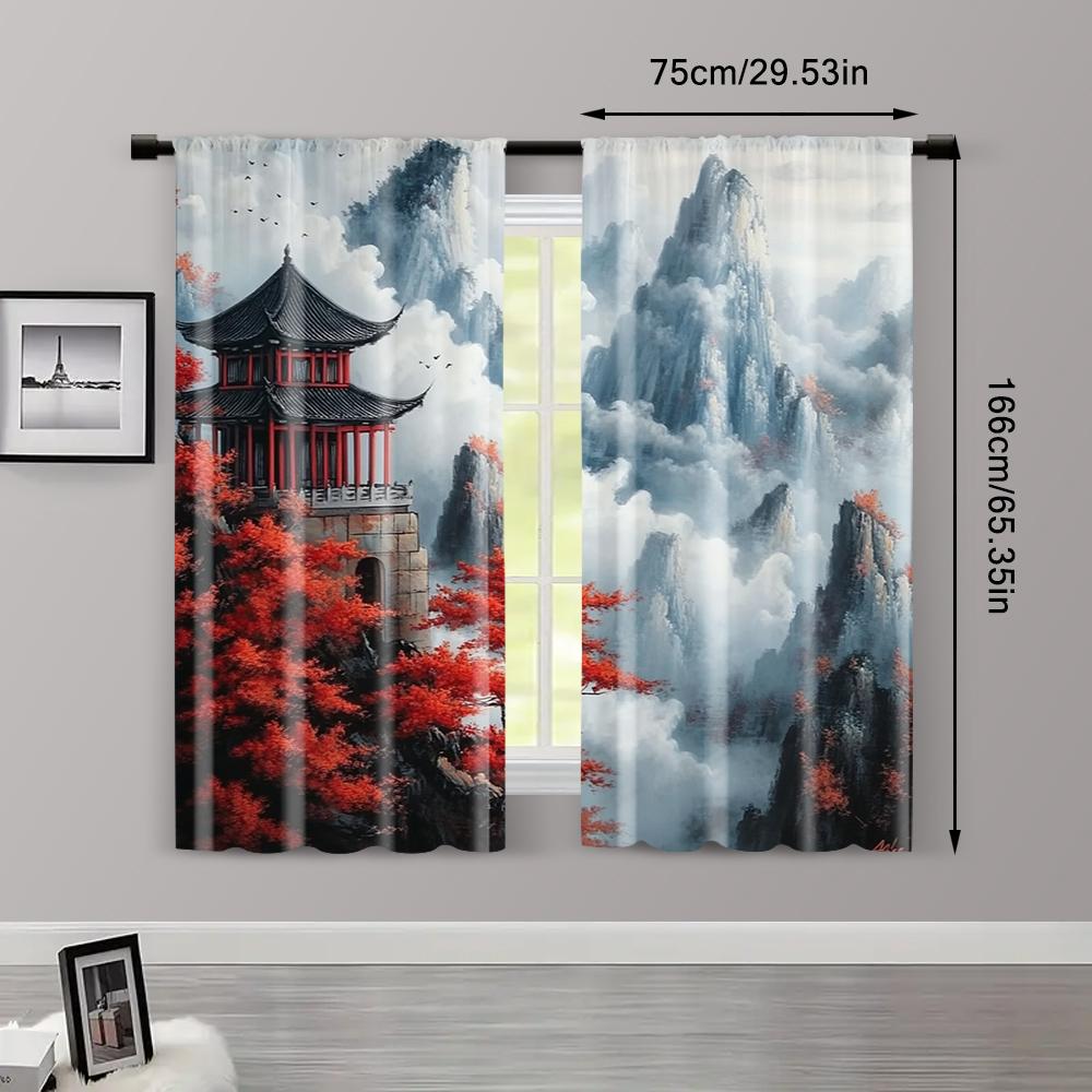 2pcs, Window Curtain 2D Print Glam Style Japanese Landscape Printed 100% Polyester (without Rod) Art Deco Festive for Living
