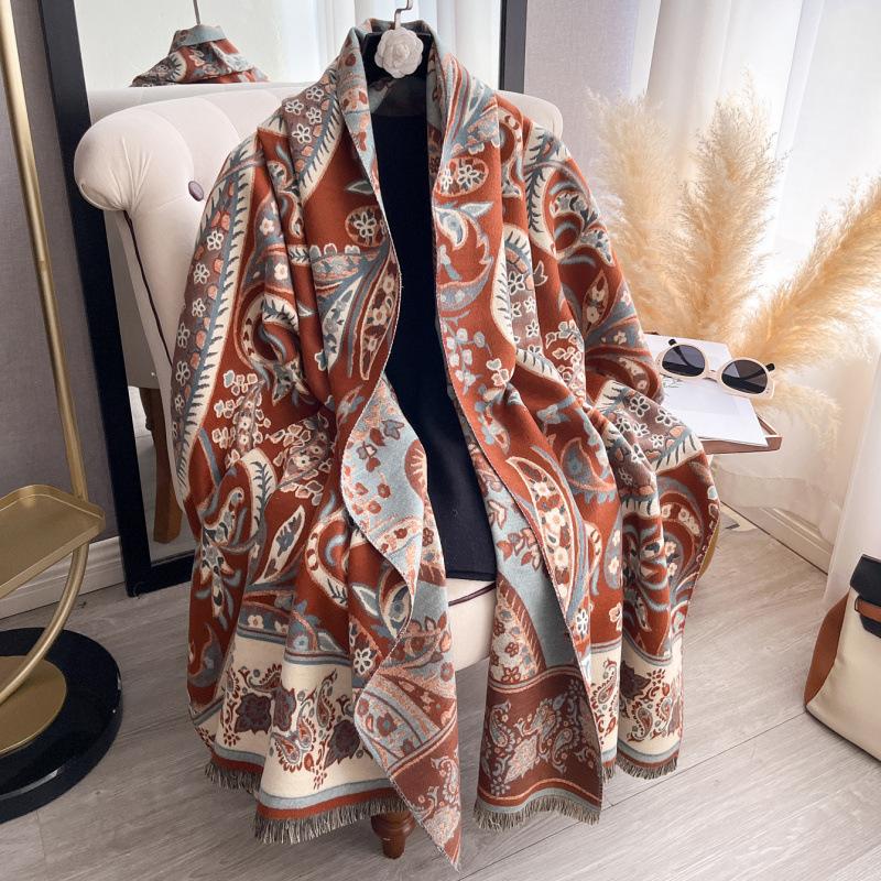 Ethnic Printed Faux Cashmere Scarf Winter Warm Thick Shawl For Women