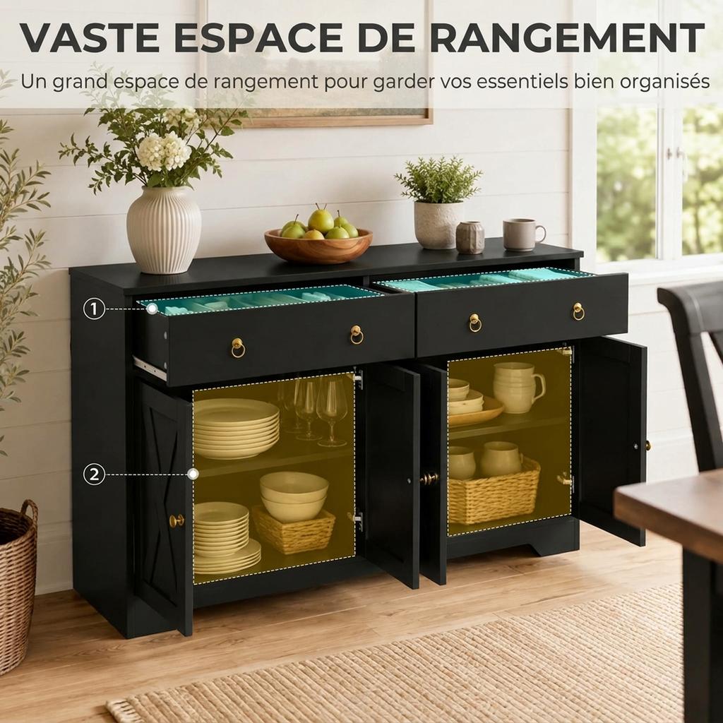 Kitchen Buffet Storage Cabinet, 2 Drawers, 2 Cupboards, Adjustable Shelves, Black