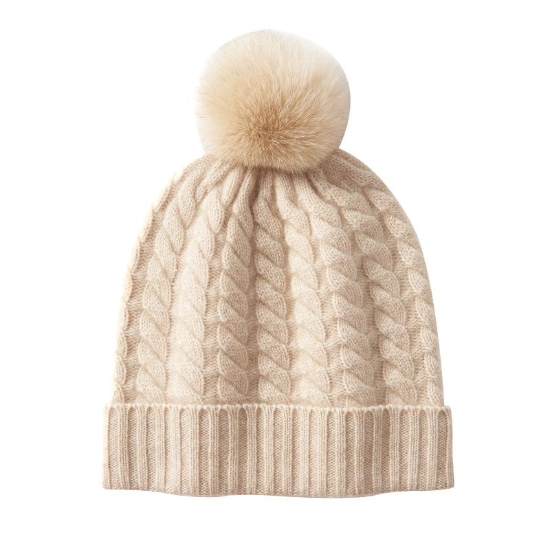 Super Soft Cashmere Autumn and Winter New Women's Knitted Toe Twist Pattern Removable Genuine Fur Ball Thickened Warm Ear Protection Hat