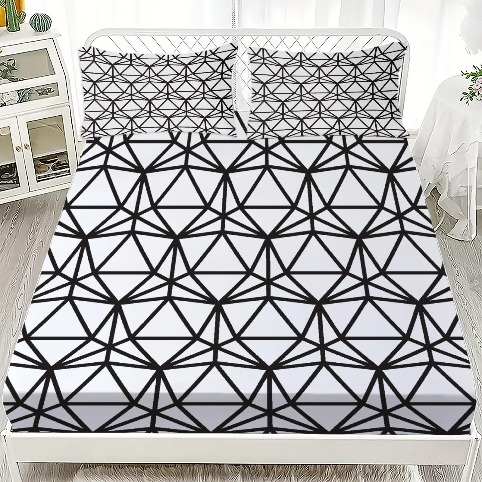 

3PCS Black White Fitted Sheet Set,100% Polyester Soft Machine Washable, Geometric Line Polygon Nordic Style Decor for Teen Adult 90x200x25cm