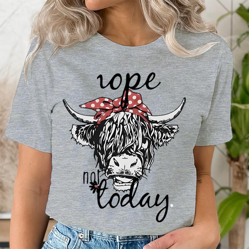 Women Funny T Shirts Cute Hairy Scottish Highland Cow TShirt Round Neck Casual Tops Women Cow Head  Letter Print Short Tshirt