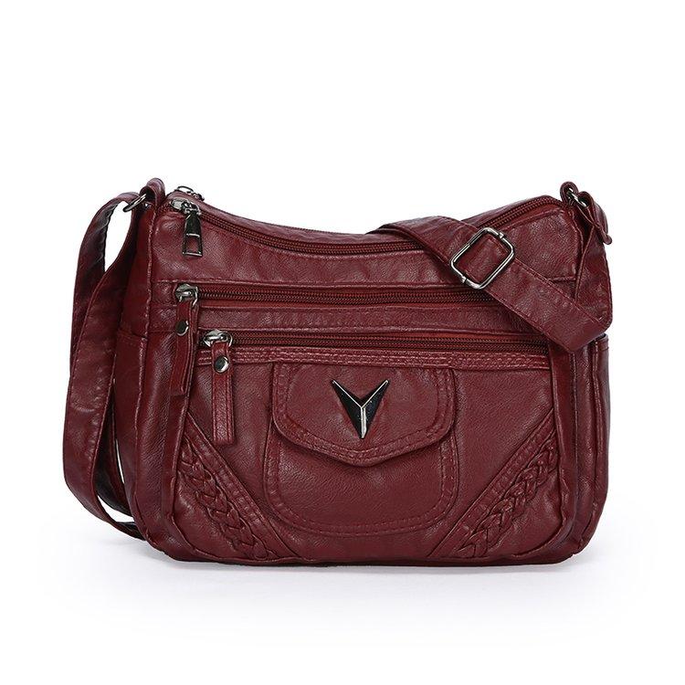 Leren Crossbody Tas met Meerdere Ritsen, Gevlochten Detail en Klepzak, Casual Schoudertas voor Dames