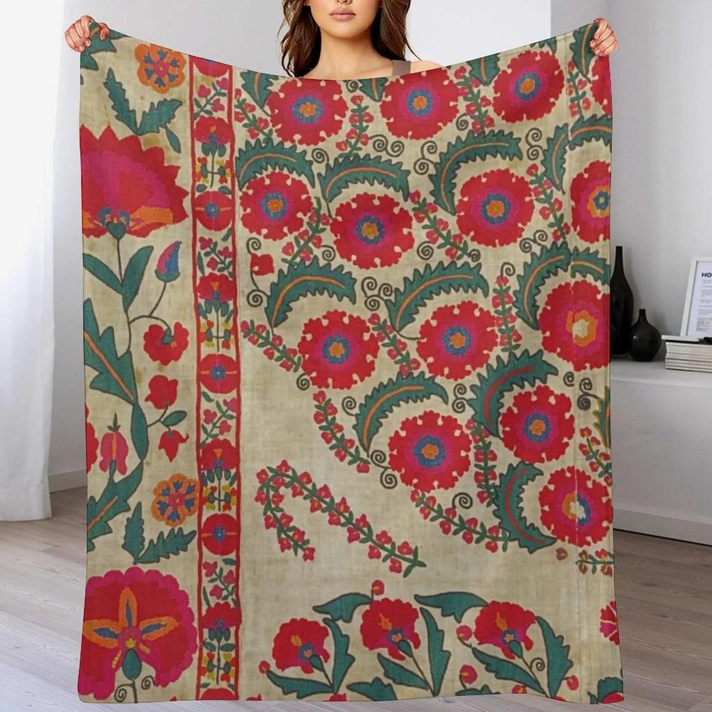 Vintage Bohemian Suzani Throw Blanket Cozy Warm Blanket for Bed Room Decor