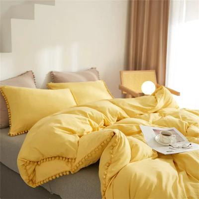 Boho Uni Kleur Dekbedovertrek Set met Pompon Kwastjes Zacht Gewassen Stof Beddengoed Set King Queen Geel Dekbedovertrek Kussenslopen