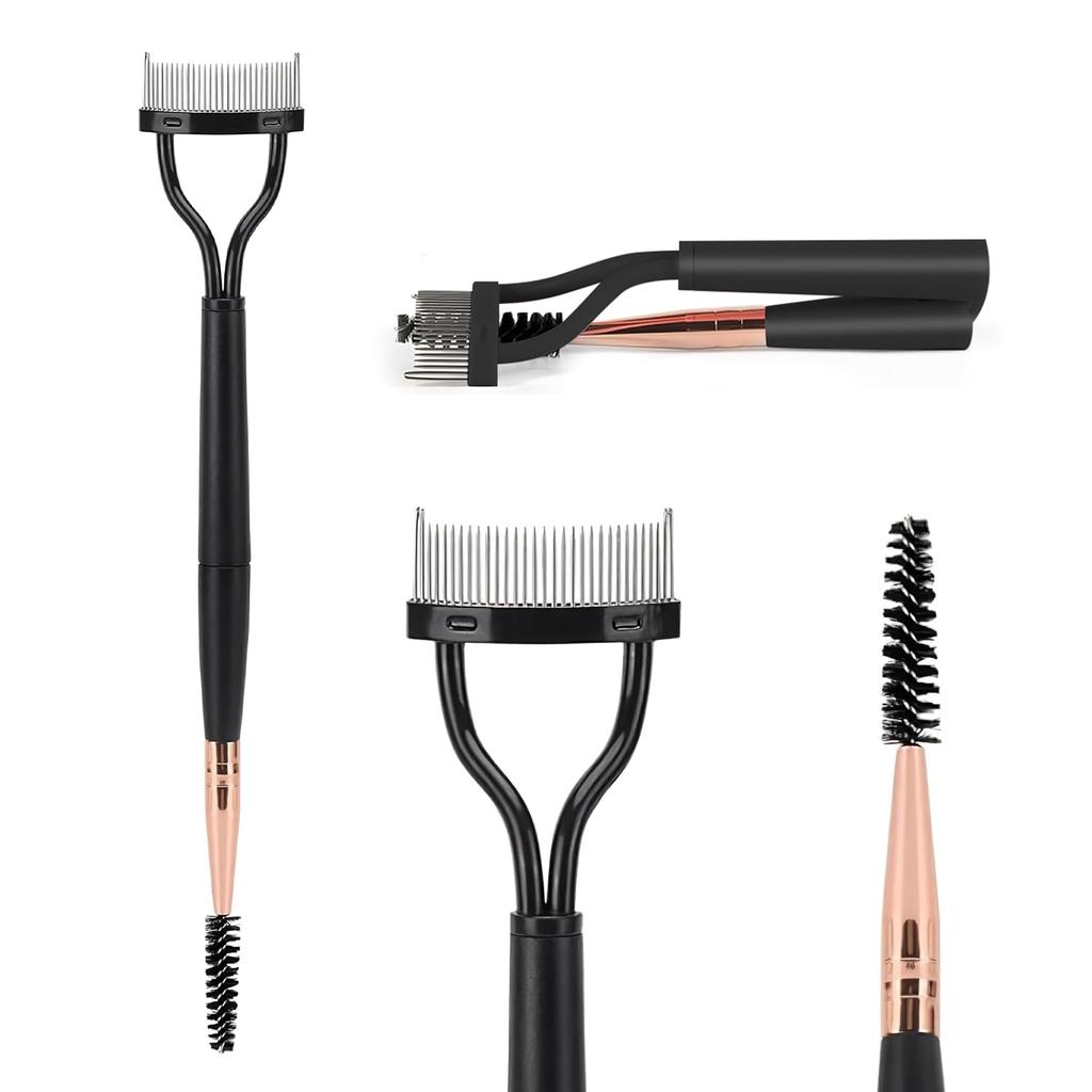 CoolShef Eyelash Brush with Eyebrow Spoolie | Foldable Lash Separator Tool & Arc Eyelash Comb | Dual Head Design for Combing, Defining & Separating