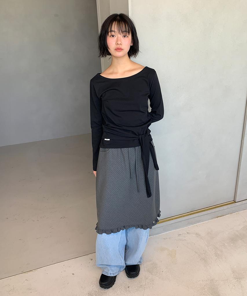 RONRON Waist Tie Off Shoulder Long Sleeve Black