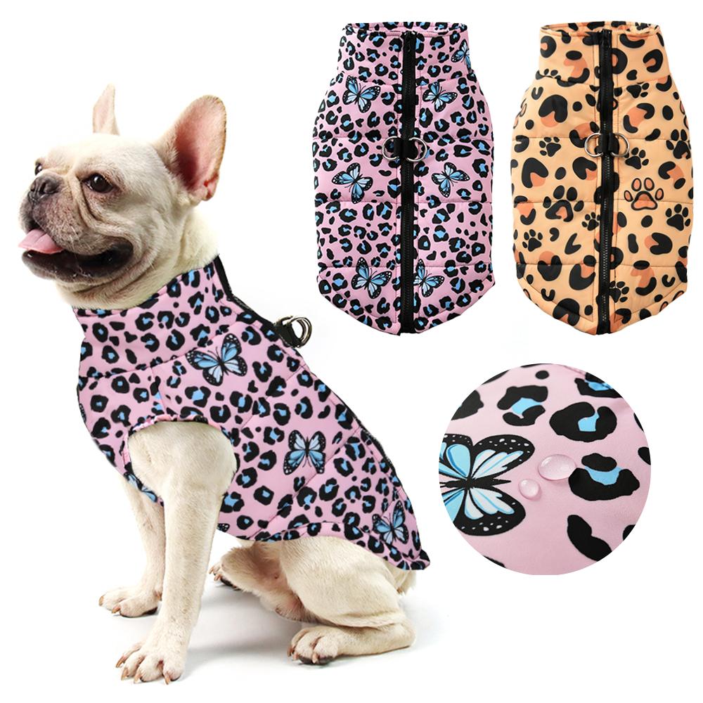 Leopard Dog Jacket for Small Large Dogs Outdoor Waterproof Pet Butterfly Print Clothes for Winter Bulldog Costume with D-ring