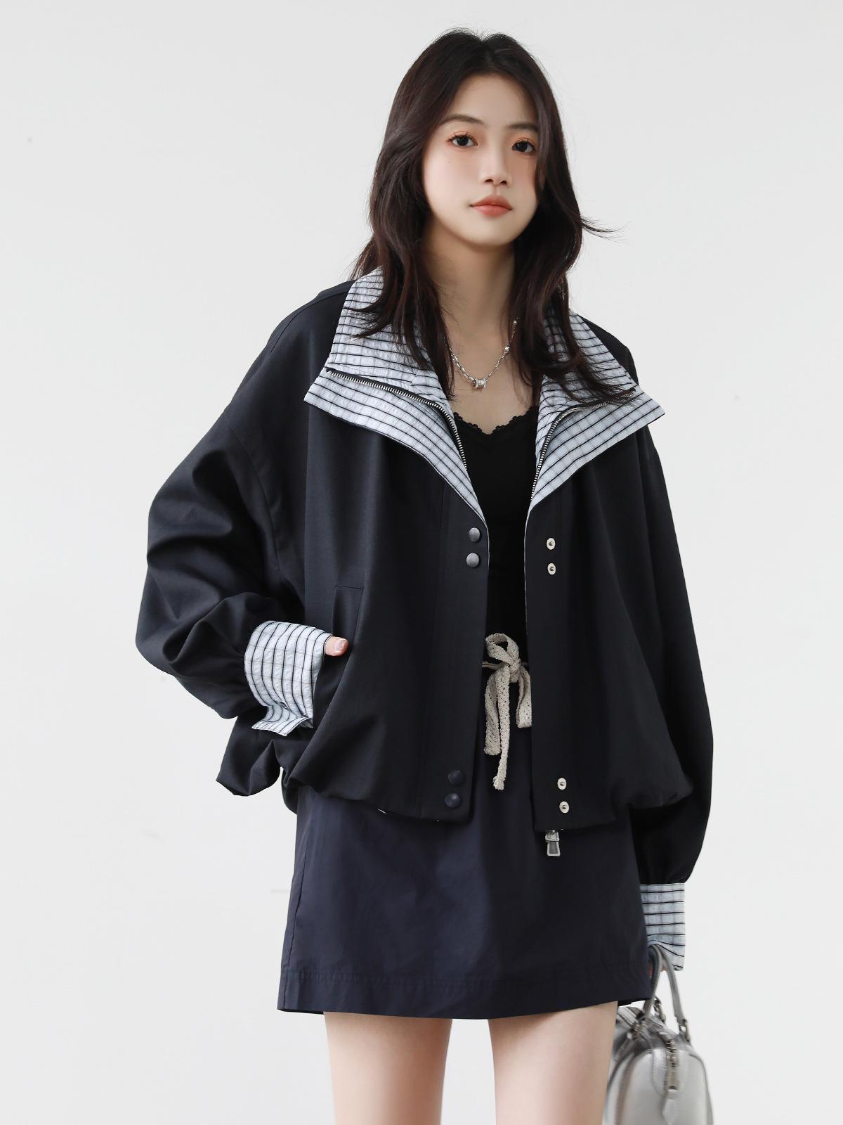 

Ретро Весенний Клетчатый Женский Тренч со Сборным Лацканом в Два Слоя Small