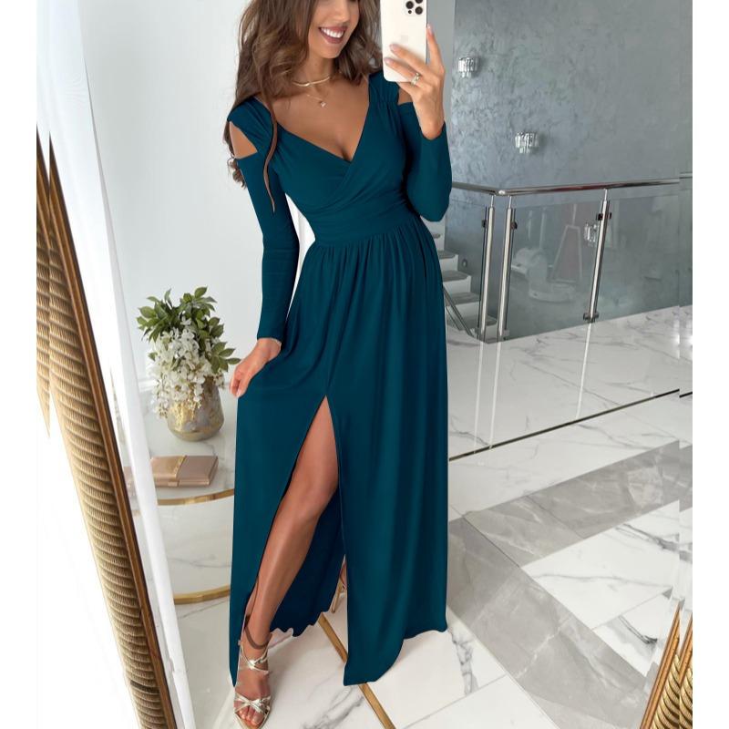 New Long Sleeved Off Shoulder V-neck Party Dress Spring Autumn Solid Color Hem Split A-line Loose Long Evening Dresses Casual Female Slim Fit Clothing
