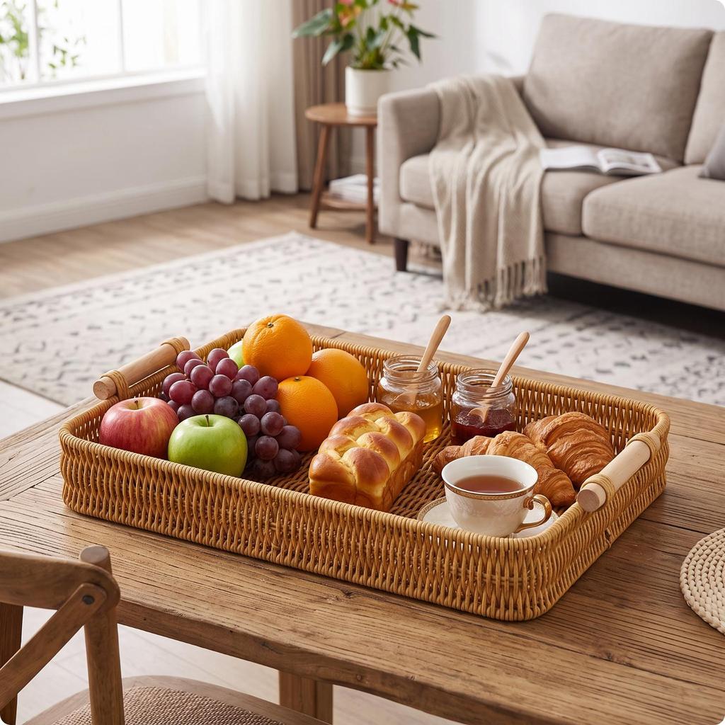 Rectangular Wicker Tray Practical Serving with Handles Lightweight