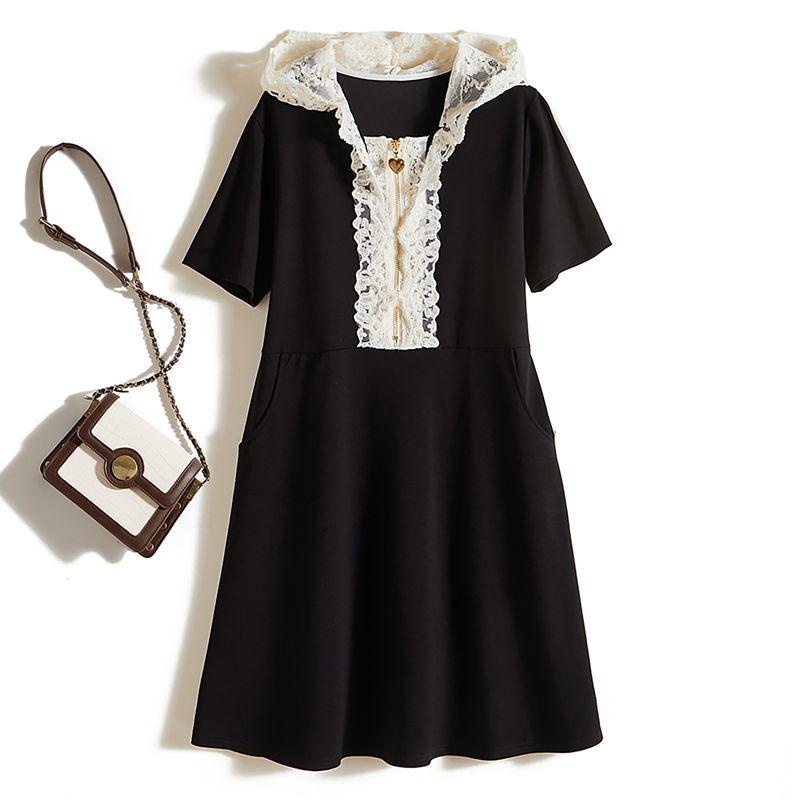 

Hepburn Contrast Color Black Dress! Exquisite Sense with Women Stitched Pattern Lace Hat Front Zipper Short sleeve Easy to Wear Pocket Dress Black 4XL