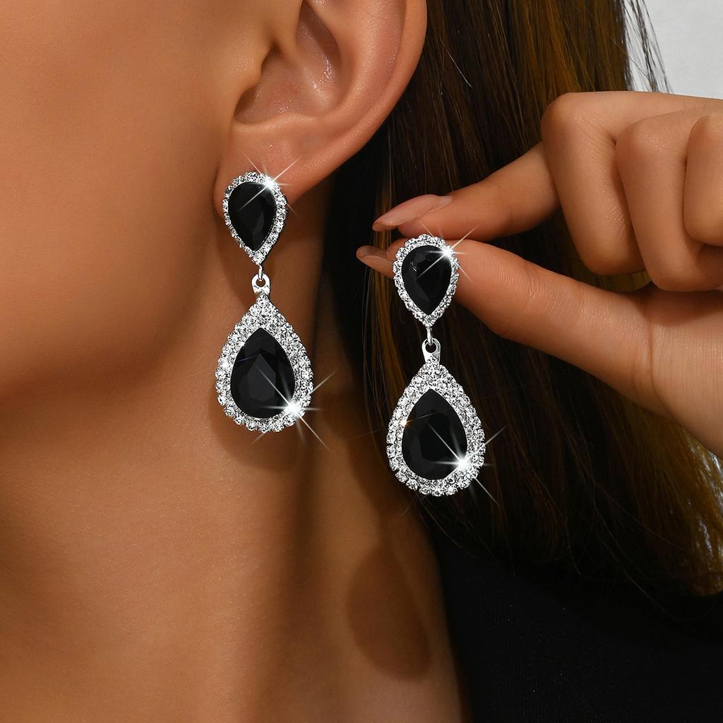 Exaggerated Bridal Wedding Earrings African Popular Ladies Diamond-encrusted Long Earrings Silver Tassel Earrings + Necklace + Jewelry