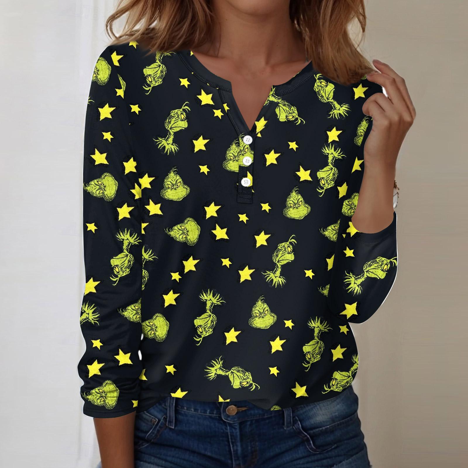 

Женская модная повседневная блузка с V-образным вырезом, длинным рукавом и декоративными пуговицами, с рождественским принтом L чёрный