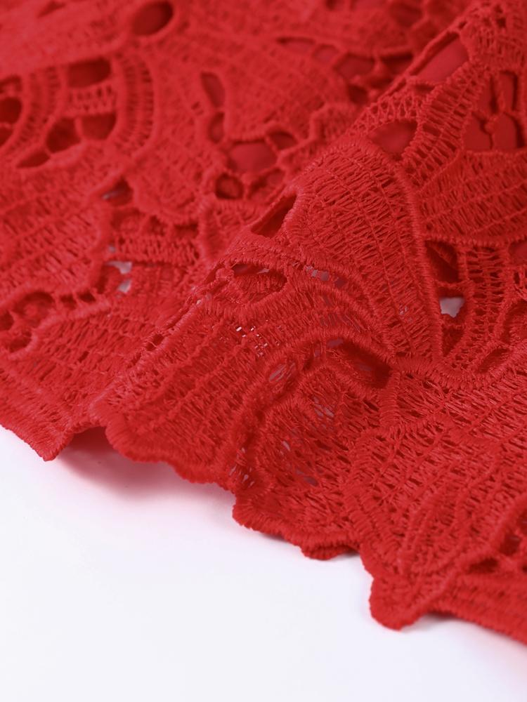 Damen Langarm Durchsichtiges Kleid Damen Blumen Ausgehöhlt Stehkragen Kleid Weihnachtsfeier Geburtstag Rotes Kleid 2025