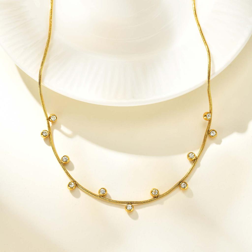 Dainty Round Snake Chain White Zircon Necklace,Gold Plated Women's Stainless Steel Necklaces,Fashion Charm Jewelry Gifts