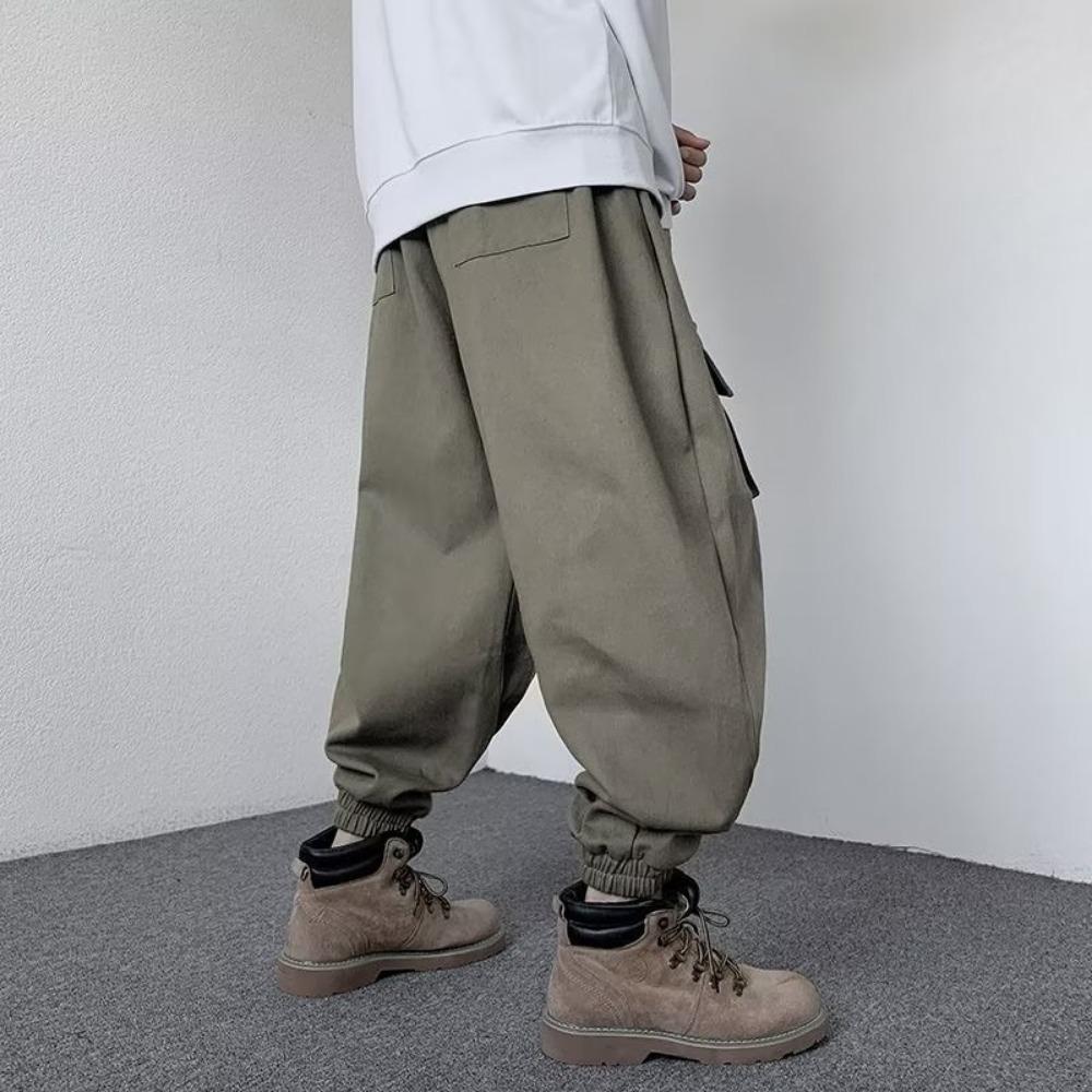 Japanse streetwear heren effen kleur zak trekkoord joggingbroek casual hiphop rechte broek retro wijde pijpen cargo broek