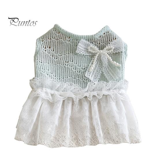Breathable Dog Clothing Knitted Sleeveless Dress, White Tutu Puppy Princess Cute Girl Dress Pet for Summer with Lace Faux Pearl Bow, Female Small Dogs