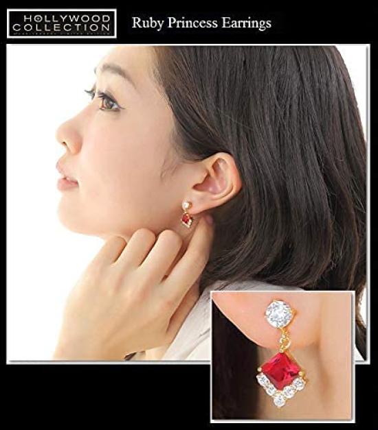 Ruby Red 18K Princess Cut CZ Dangle Hollywood Celebrity Jewelry Earrings, Gold, Diamond, Earrings, 18KGP,
