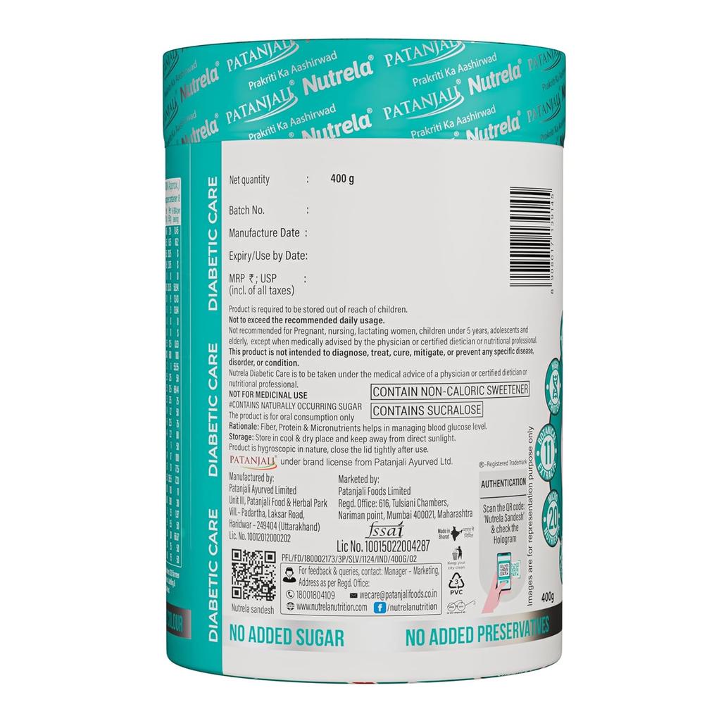 Nutrela Diabetic Protein Powder For Adults 400 gm | Low GI, Herbal Blend, Balanced Nutrition, Vanilla Flavour, Pack of 1