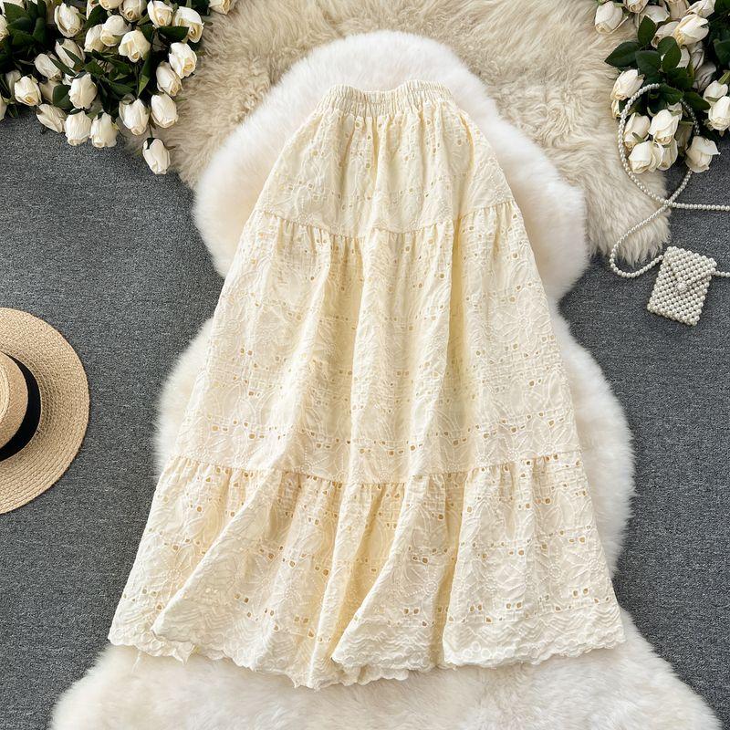 

K-style Women s Retro Exquisite Hollow-out Embroider Skirt Women s Easiest for Match Elastic High Waist Slimming Mid Length Long Length A- line Skirt Meters apricot All yards