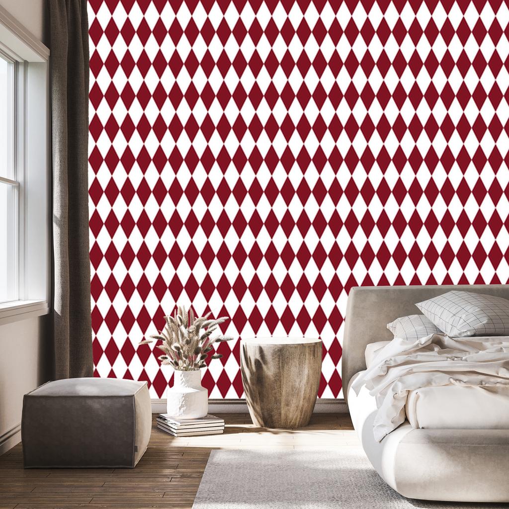 Harlequin Diamonds Wallpaper, Red and White, Red Background, 50x1000