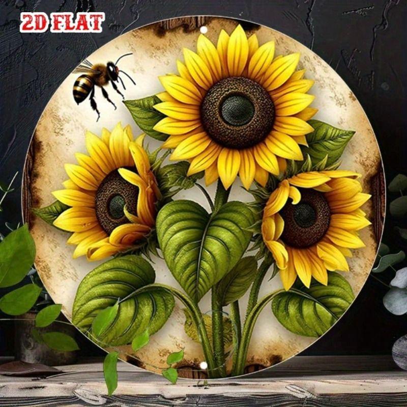 Vintage Bee Sunflower Metal Wall Art Round 7.8 Inch for Kitchen