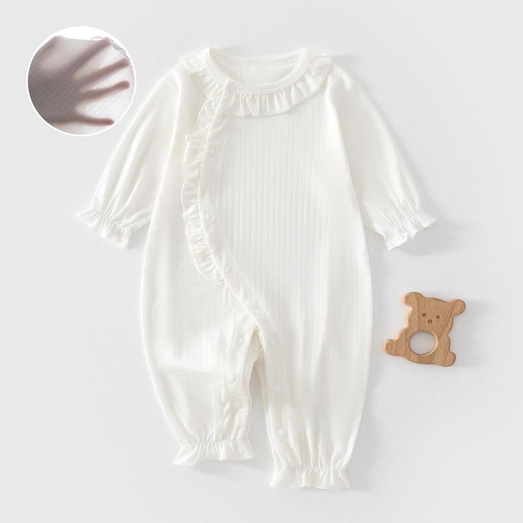 Lace Collar Romper for Newborn Girls - Summer Long Sleeve Pajamas for Air Conditioned Rooms