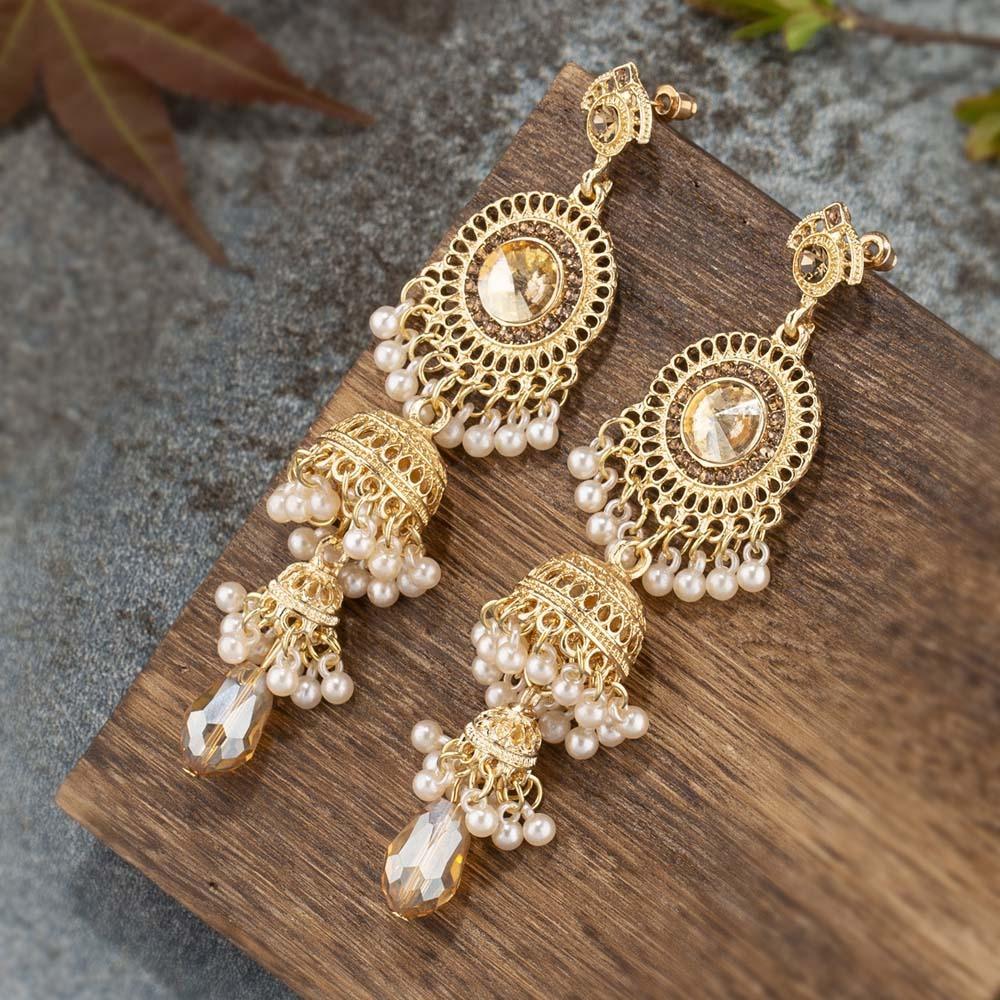 Zinc Zinc Alloy Bell Tassel Earrings Luxury Ethnic Style Ear Studs Rhinestone Pearls Ear Drop Holiday