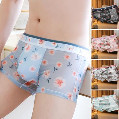 Men Boxers Ultrathin Mesh Printed Mid Waist Quick-drying Moisture-Wicking Plus Size Homewear Sleep