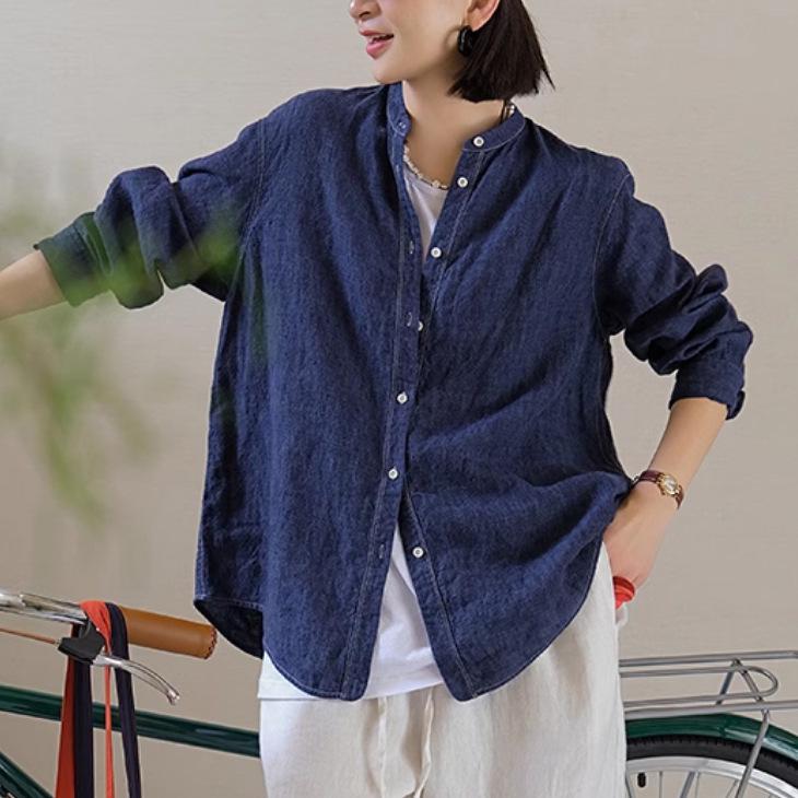2025 Early Autumn Pure Linen High-Density Stand-Up Collar Long-Sleeve Casual Shirt