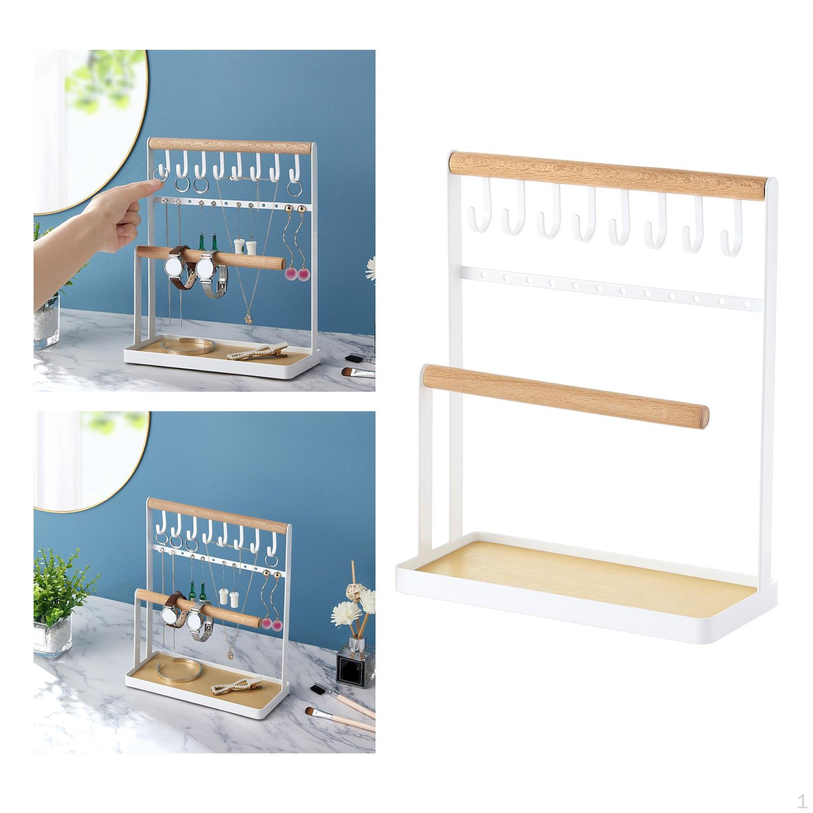 

Jewelry Display Rack Iron Hooks Props Adjustable Storage Modern Wooden Base Hanging Tray Stand Show,