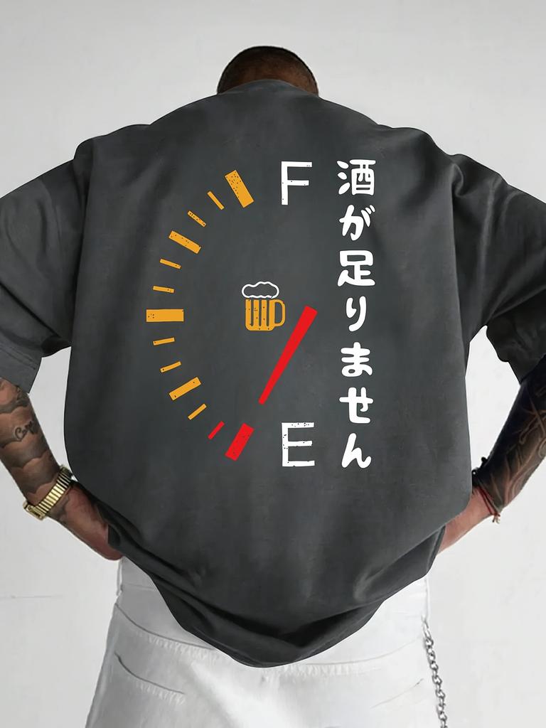 Mens Short Sleeved Round Neck Summer Top with Japanese and Beer Oil Gauge Pattern Design Breathable and Fashionable