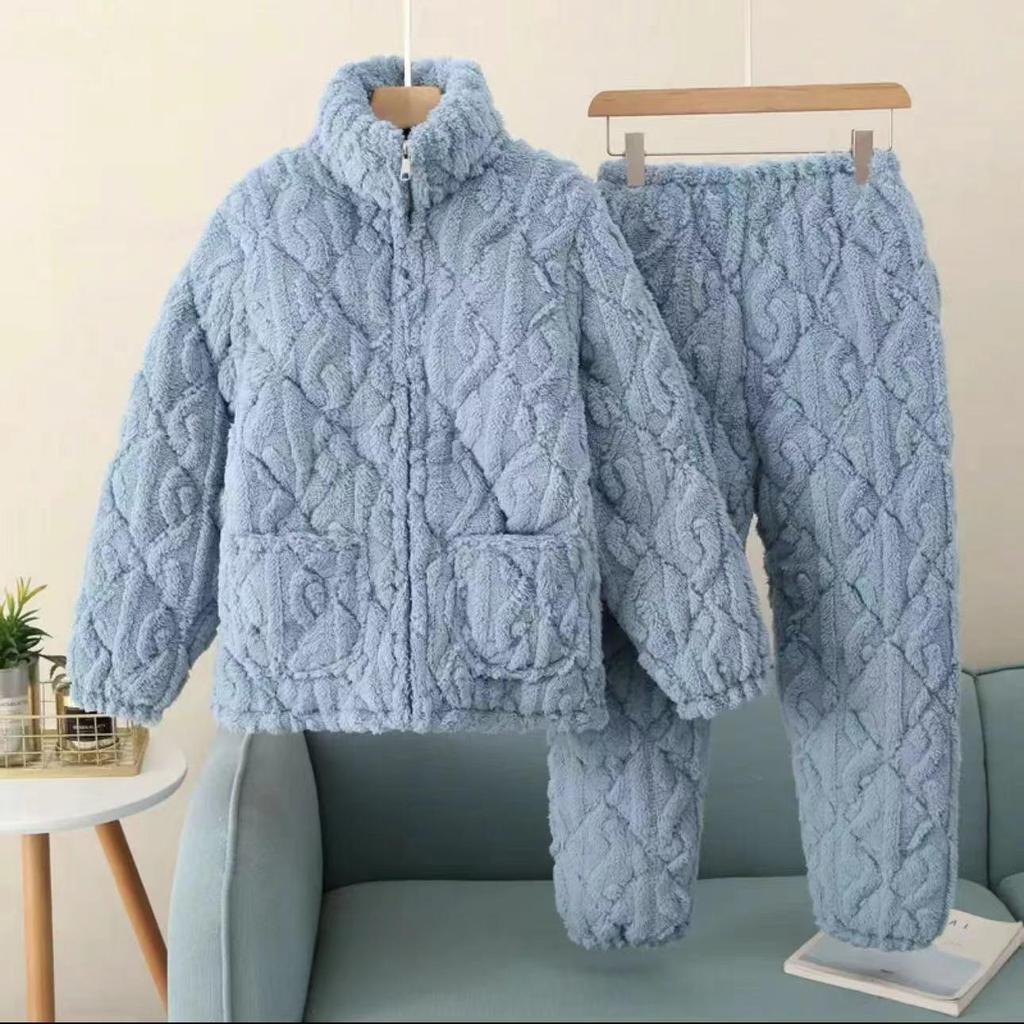 Women's Quilted Fleece-Lined Winter Pajama Set - Plus Size, Cute, Thick, Round Neck Homewear.
