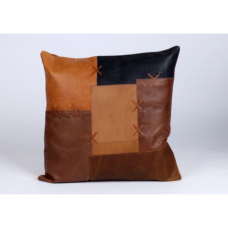 Handmade Patchwork Leather Cushion Tan Decorative Pillow Cover 14 x 14 in 9470₽