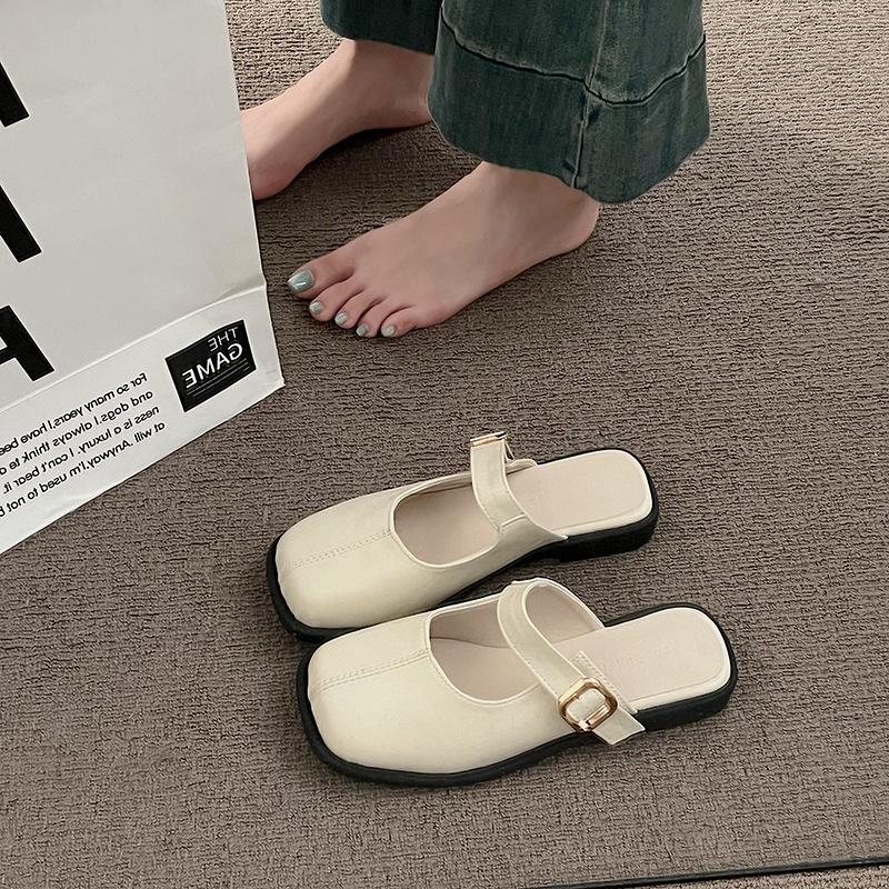 2024 Square Head Korean Version Belt Buckle Empty Single Shoes Sandals Spring New Lazy Slippers Fashion Bag Head Half Slippers