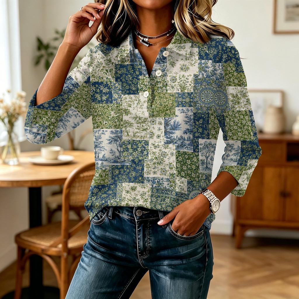 Women's Casual 3/4 Sleeve Top Floral Print Patchwork Blouse Buttoned V-Neck Lightweight Comfortable Fit