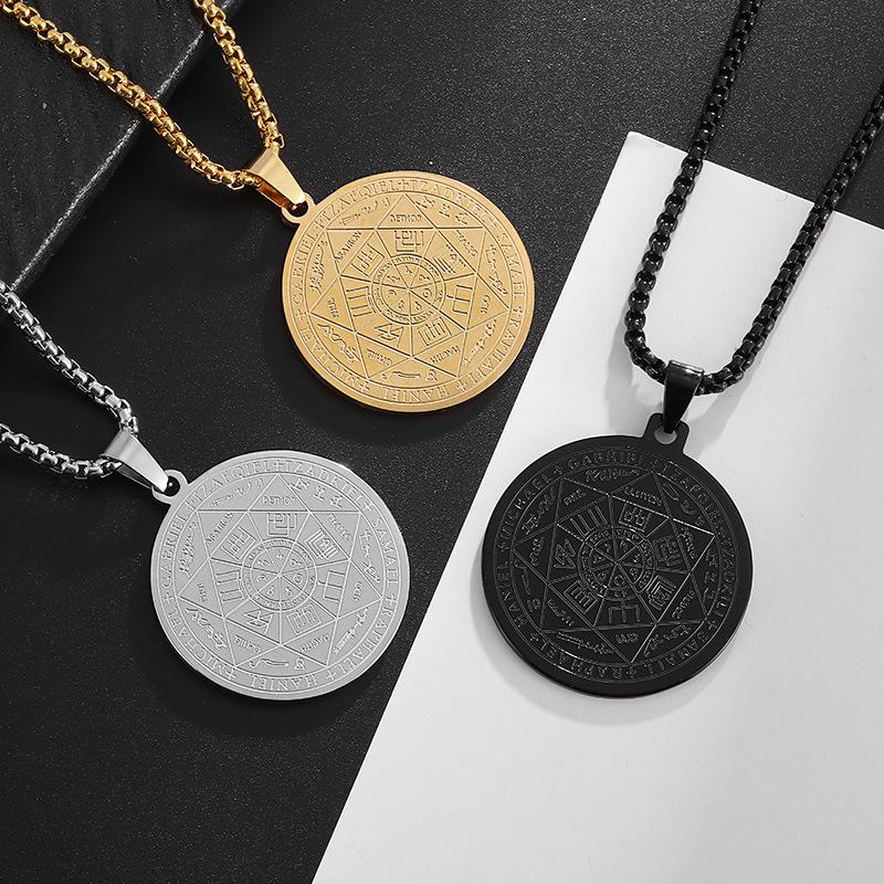 Angel Pendant with Scripture Seal Totem Runes Tag Made of Stainless Steel Round Plate for Men's Necklace