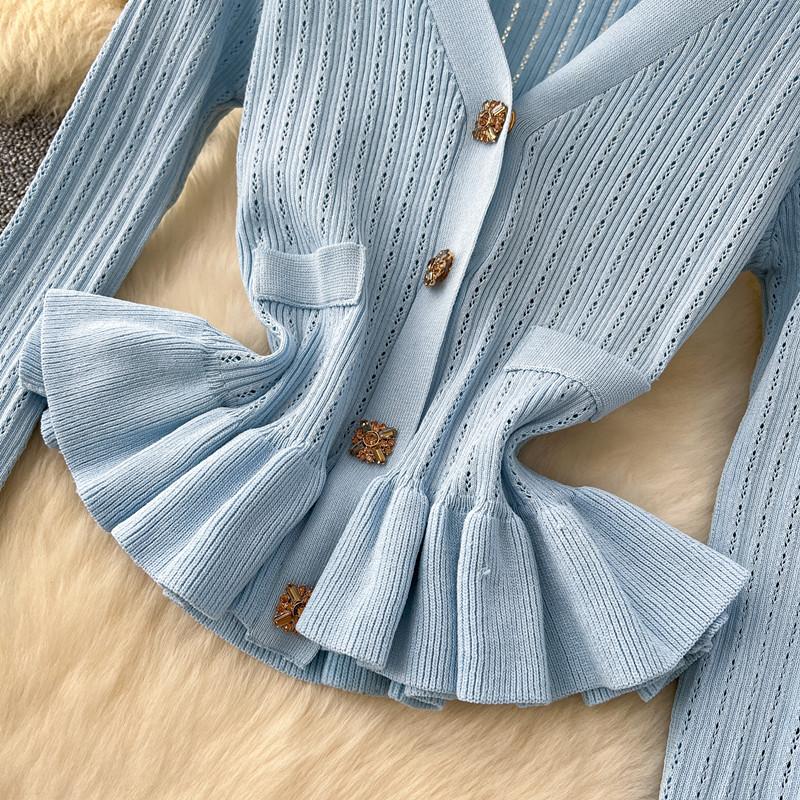 Dvoudílný business set dámské outfity tunika s dlouhým rukávem zkrácený kardigan sukně s vysokým pasem bodycon rybí ocas oblek módní pletený svetrový oblek