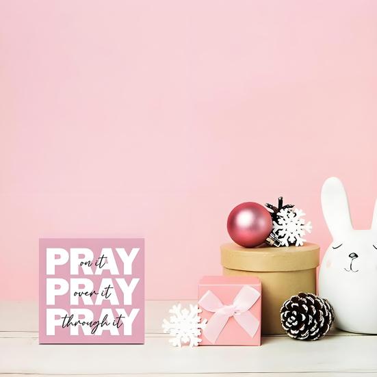 Pray on It Wooden Sign Pink Prayer Room Decor for Women Inspirational Christian Desk Sign for Dorm Room Bedroom Office Decor