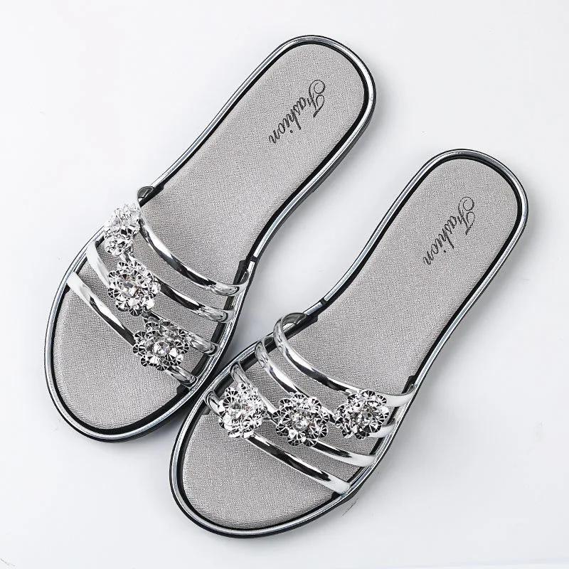 Fashion Women's Silver Biscuit Beach Sandals Flip Flops Floral Hollow Crystal Clip Parker Gold Strap Sandals