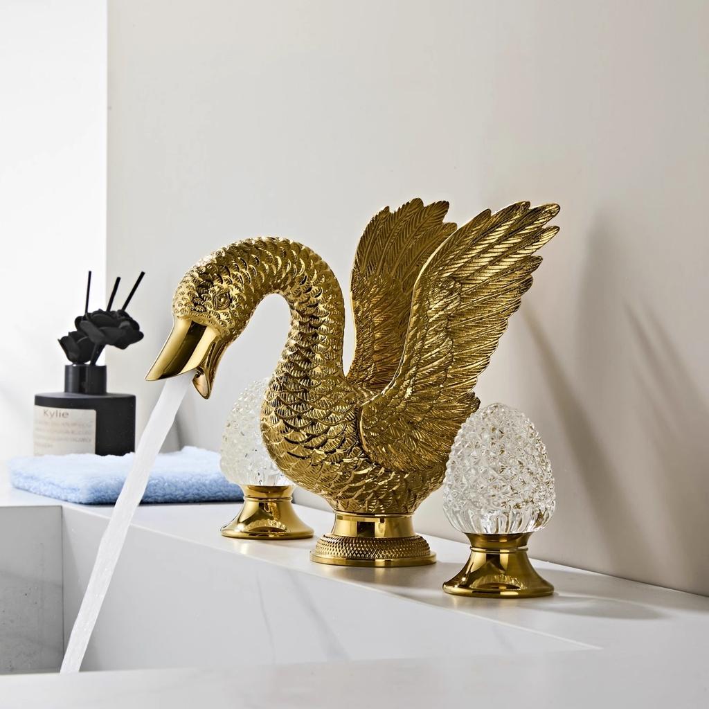 Tuqiu Gold Swan Bathroom Faucet Widespread Sink Tap Brass Basin Faucet Sink Faucet Antique Crystal Handle Hot & Cold Water Tap