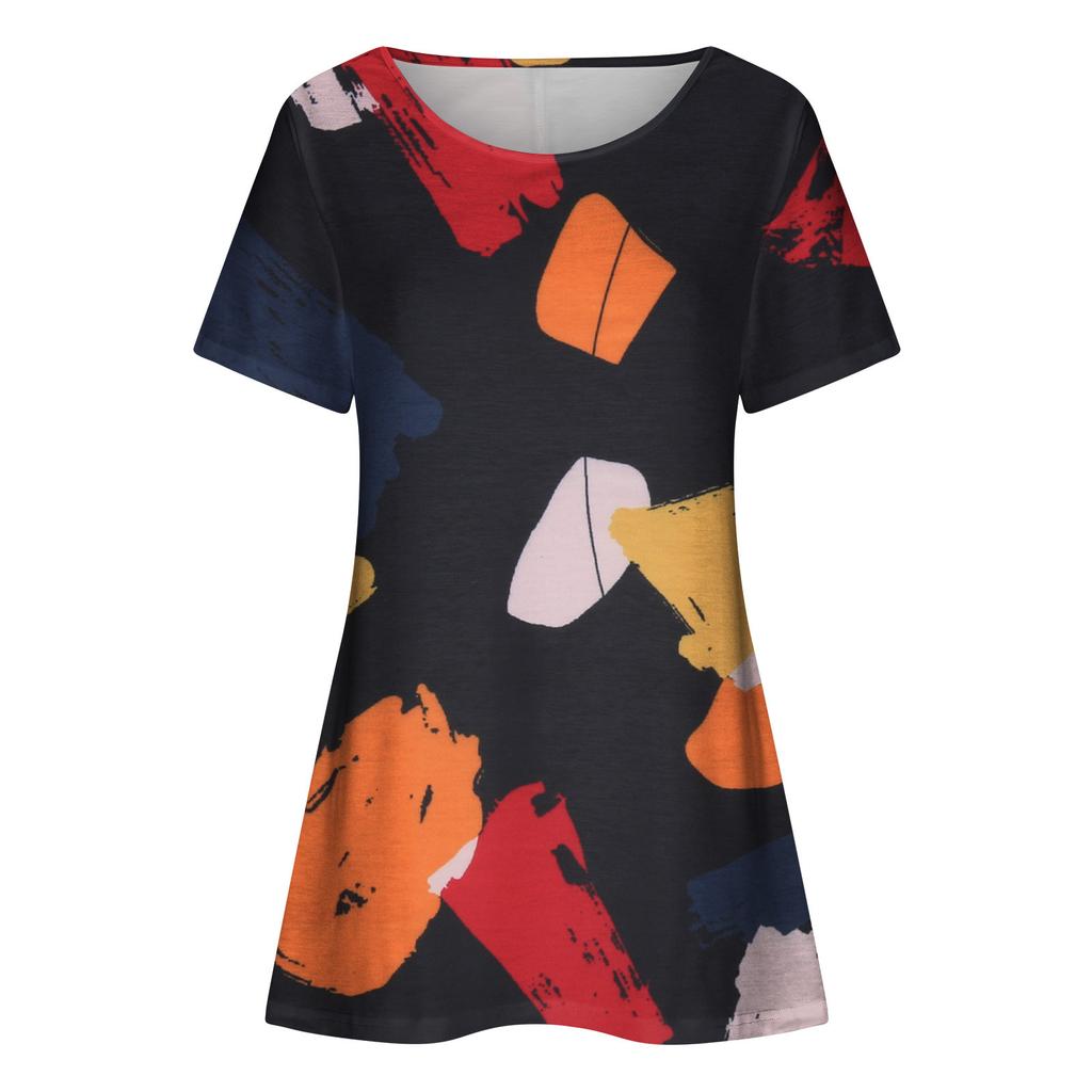 Womens Short Sleeve Casual Loose Printed O-Neck Tops -Shirt Plus Size